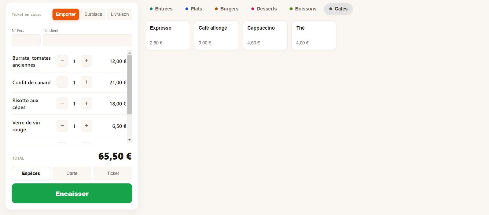 Écran de caisse de MaCaisse avec un ticket en cours de 65,50 €